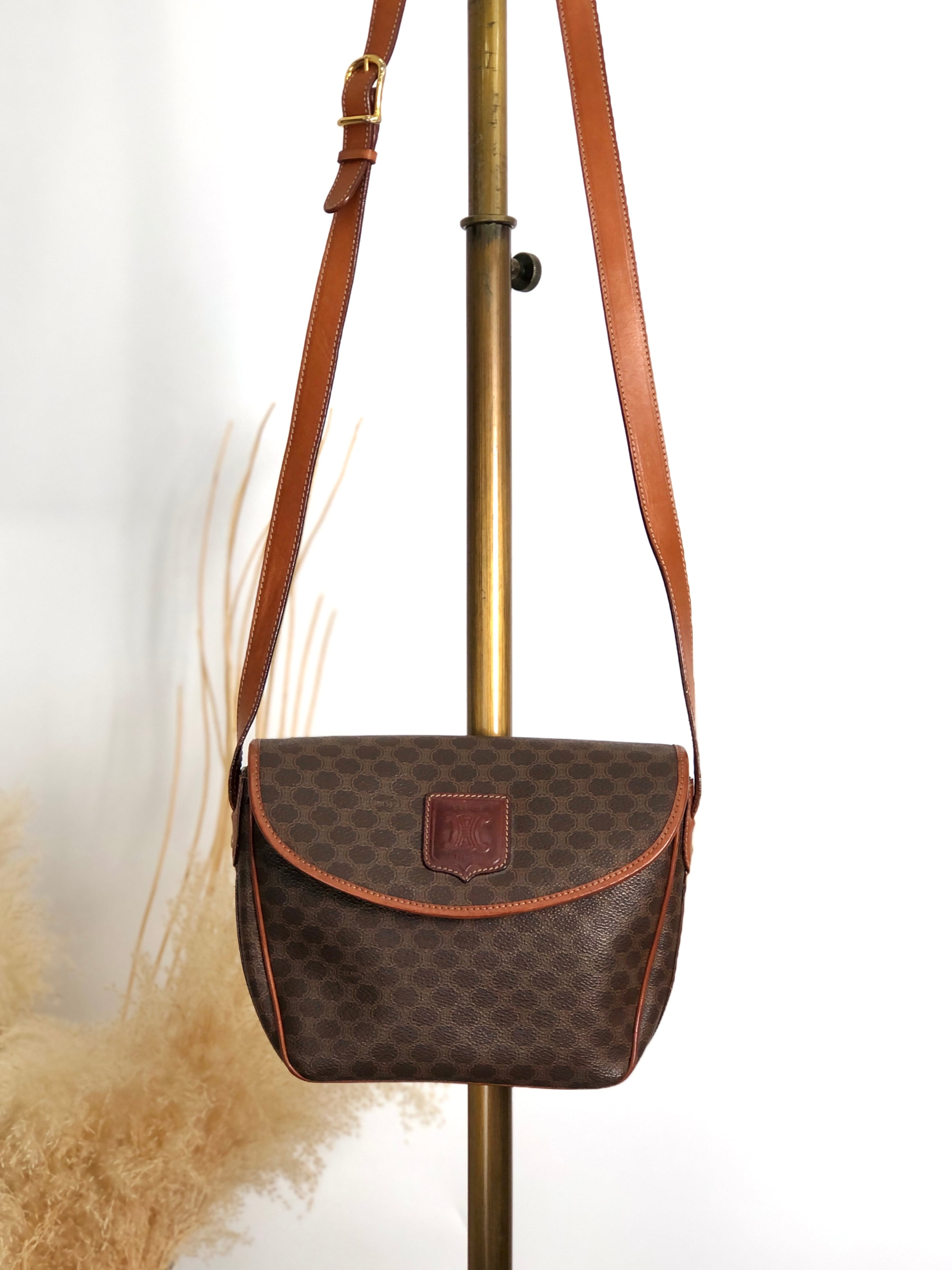 CELINE セリーヌ マカダム ショルダーバッグ ブラウン ブラゾン型押し PVC レザー vintage ヴィンテージ オールド ug57i6