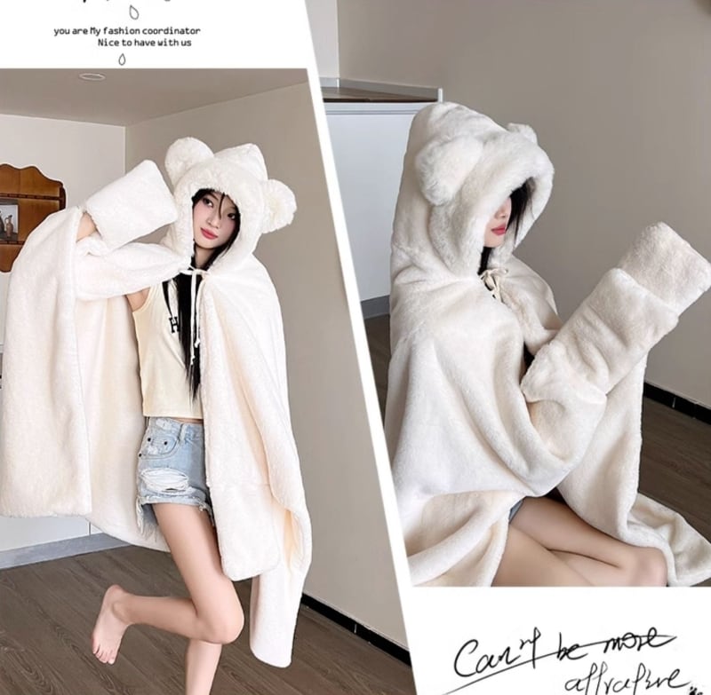 くまくまもんもん専用！センソユニコ 慈雨　ポンチョ風コート　チェック　フード ルームウェア 着る毛布 フード ブランケット マント モコモコ ふわふわ