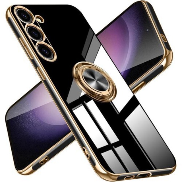 Galaxy S24 ケース リング 耐衝撃 レンズ保護 軽量 サムスン ギャラクシー s24 ケース メッキ加工 ソフトケース スタンド機能 車載ホルダー 対応 サラサラ触り心地 黒 MZ85-42 2687