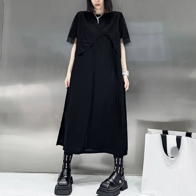 BLACK LONG T-SHIRT DRESS & MESH SHORT DESIGN TOP SET 2pieces 1color M-9253