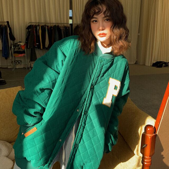 スタジャン レディース アウター 厚手 シンプル オーバーシルエット カジュアル ロゴ グリーン Mサイズ Lサイズ