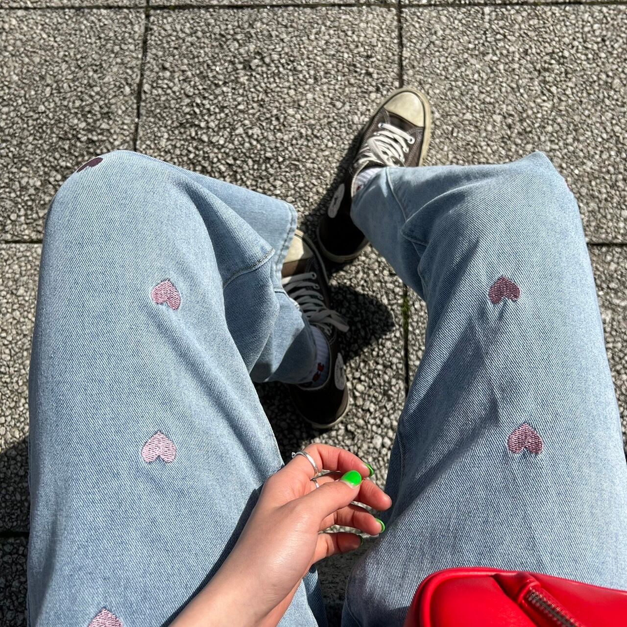 color heart stitch high-waist denim pants_LN01043