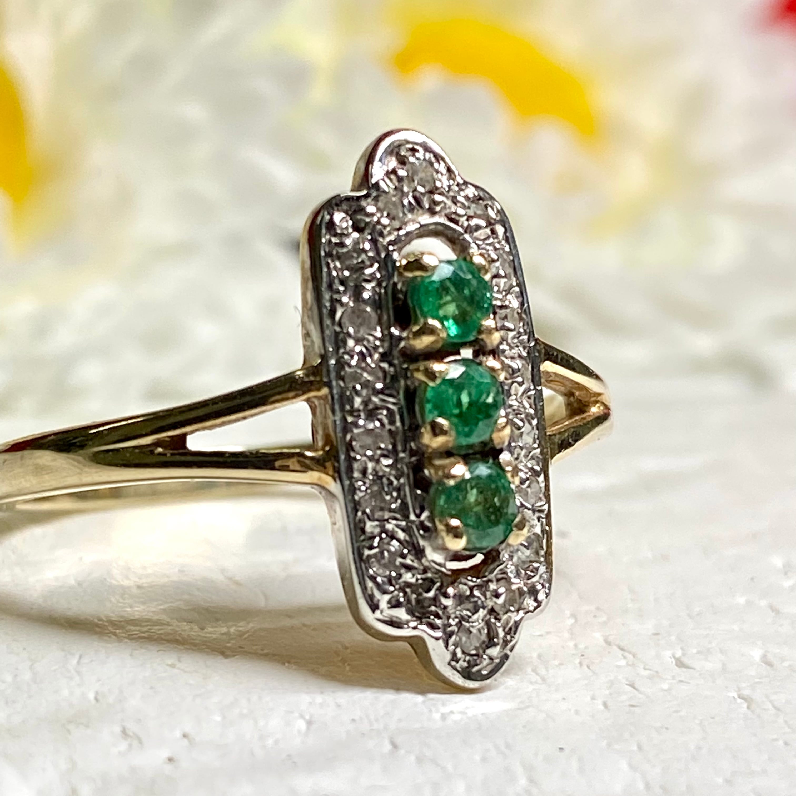 k18 pt900 アンブローズアールデコデザインエメラルドダイヤリング