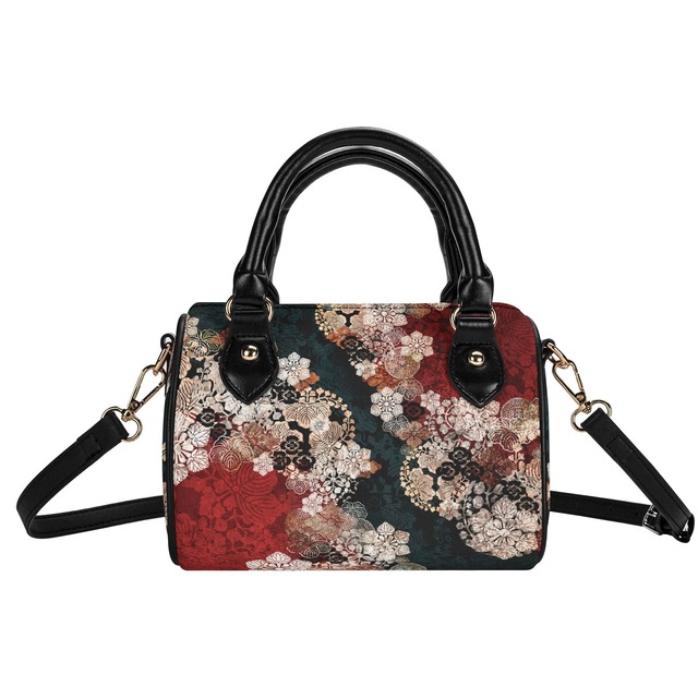 和柄紋様　深緑　ヴィーガンレザーミニボストンハンドバッグ