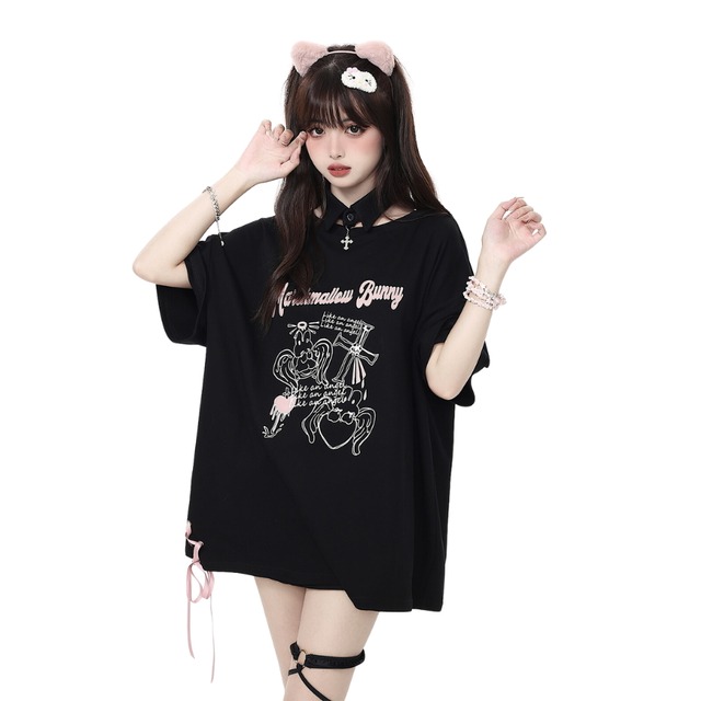 ゴスロリ通販 With U ゴスロリ CRAZYGIRL ロングＴシャツ 天使のバニー サイド編み上げ 春夏 レースアップ JK  ソフト 原宿ファッション かわいい