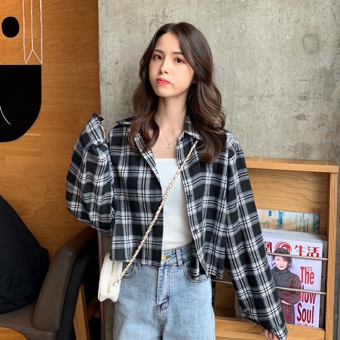 2019年秋新作レディースレトロチェック柄ショートクロップドシャツカーディガンオールマッチラペルトップトレンド 1号婦人14253149241
