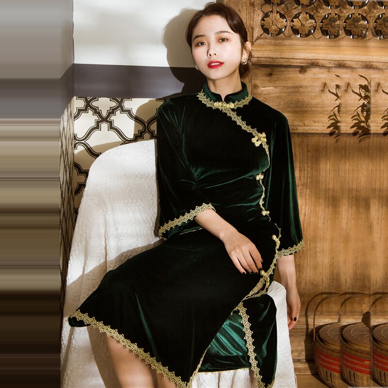 北岸之约シリーズ チャイナドレス ベルベットワンピース グリーン S M L Ll 結婚式 パーティー 中華服 Elegant