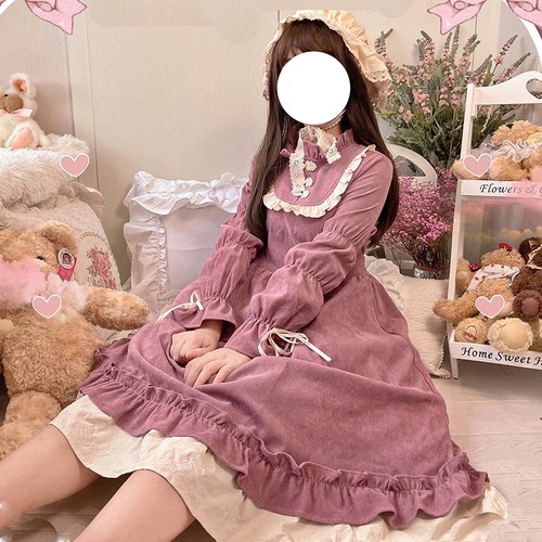 ✞ コーデュロイレーススリーブドレス ワンピースオータム 秋物 ✞ゴスロリ SM ミリ 甘ロリ クラロリ 和ロリ エレガント 黒ロリ 姫ロリ 華ロリ BB-BB99337354612