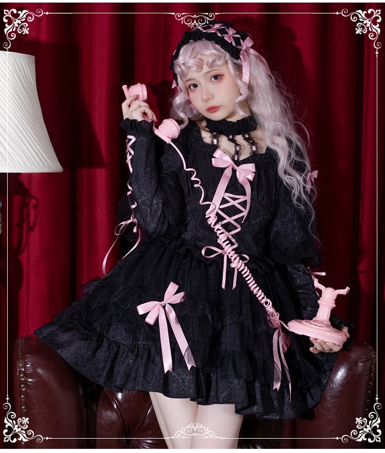 ロリータドレス 2色 髪飾り付き Lolita OP Dress 長袖 ロリィタ