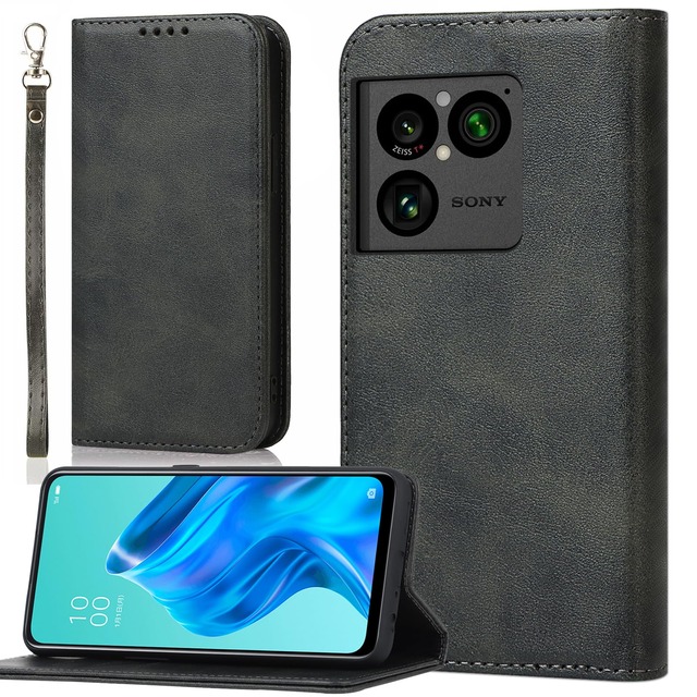 BonwFzin 適用 Xperia 1 VIII SO-51G ケース 手帳型 ストラップ エクスペリア 1 VIII SOG17 XQ-GE44 スマホケース Xperia 1 8 手帳型カバー エクスペリア1VIII 携帯カバー PU レザー ストラップホール付き マグネット フリップ カード入れ カード収納 スタンド 落ち着いた色 レトロ ブラック