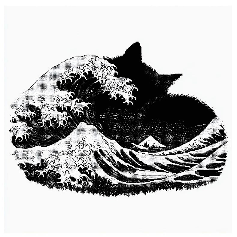 黒猫と波の和柄アートスニーカー(23～27)/ Black cat and wave