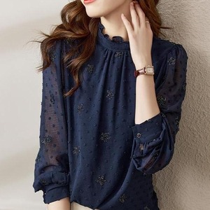Frill Neck Balloon Sleeve Polka Dot Blouse 　TO0997