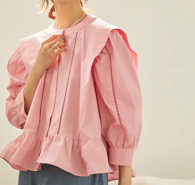 spring color ruffle three-quarter sleeve blouse【2024032101】