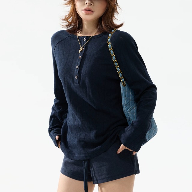 random-line henley veck long tee　ランダムラインヘンリーネックロングティー　J2111