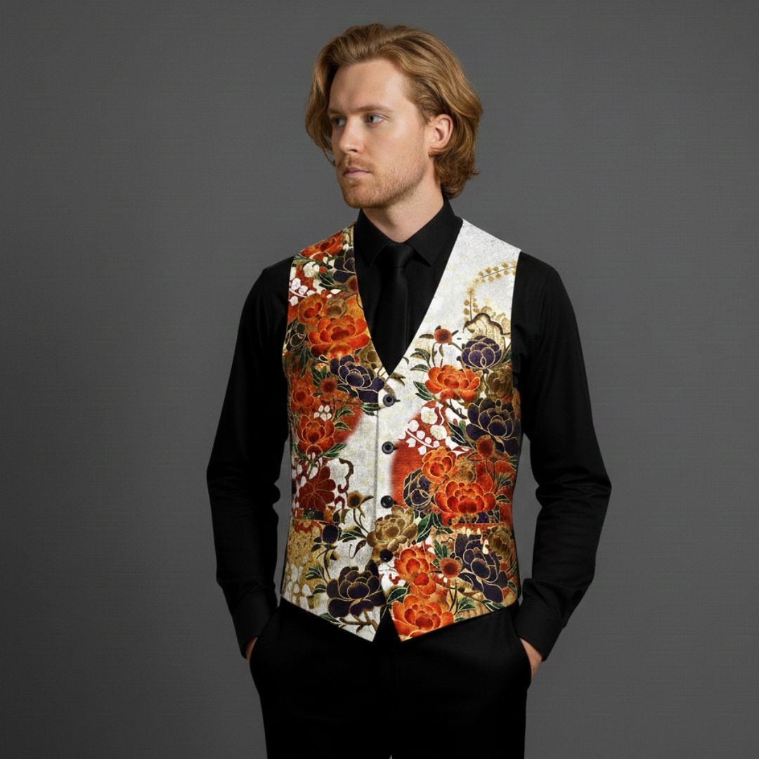 和牡丹紋様装飾　紅白　ユニセックス和柄スーツベスト