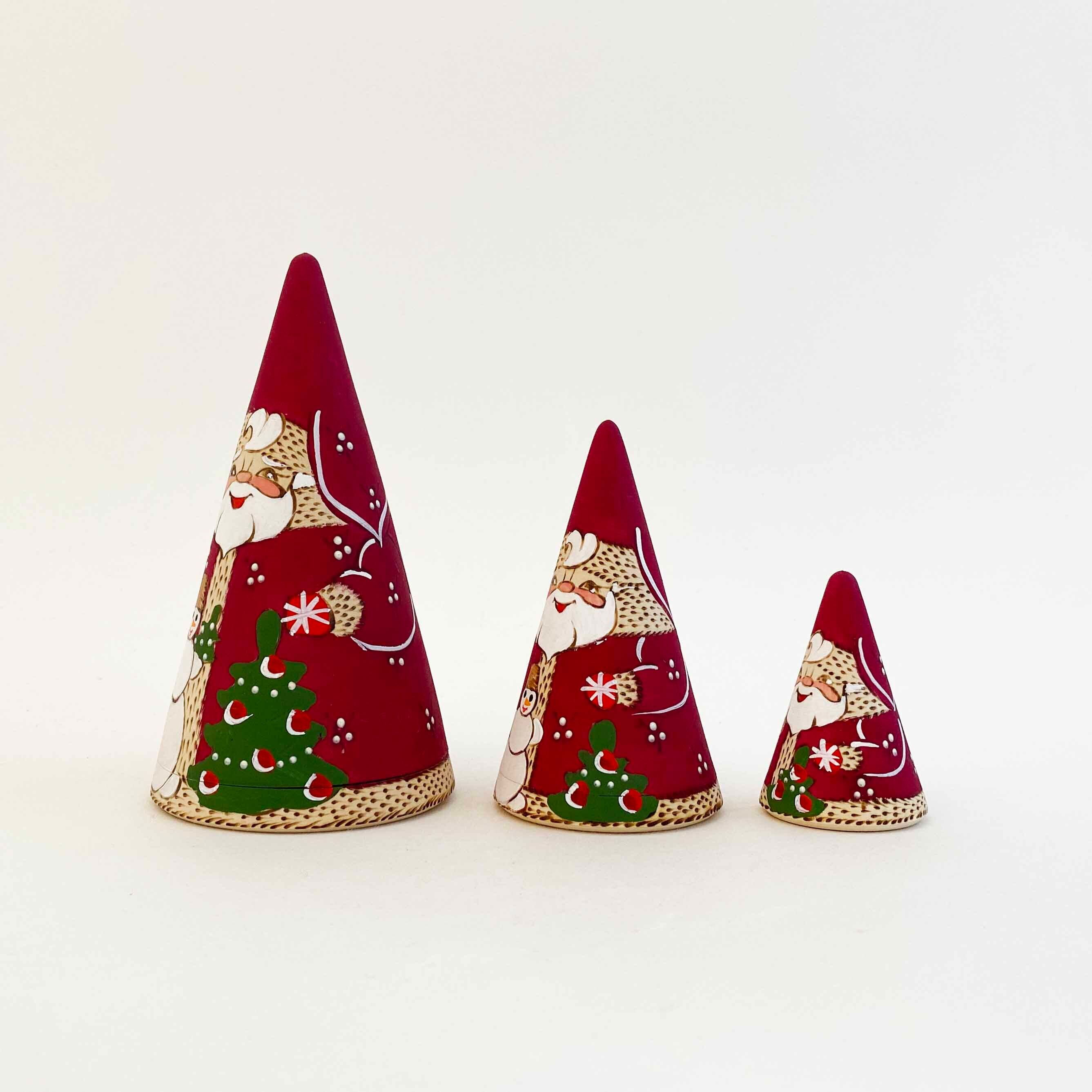 サンタ/ジェドマロースと雪だるま 焼ごて円錐マトリョーシカ(3個組)