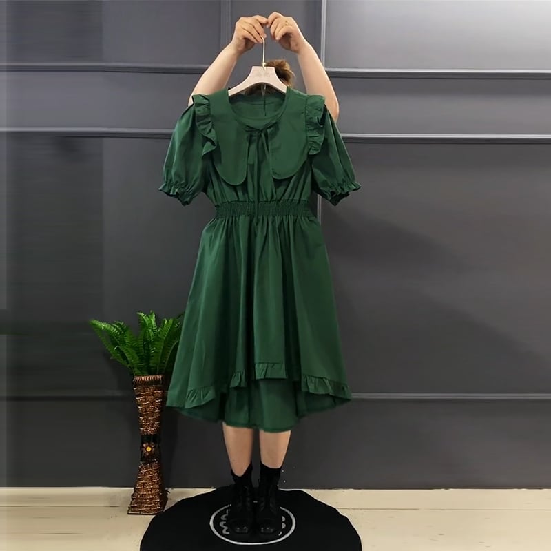 サマードレス カラーウェスト薄手スカート レッド 大きめサイズ 夏物 ミックスインファッション32937296695