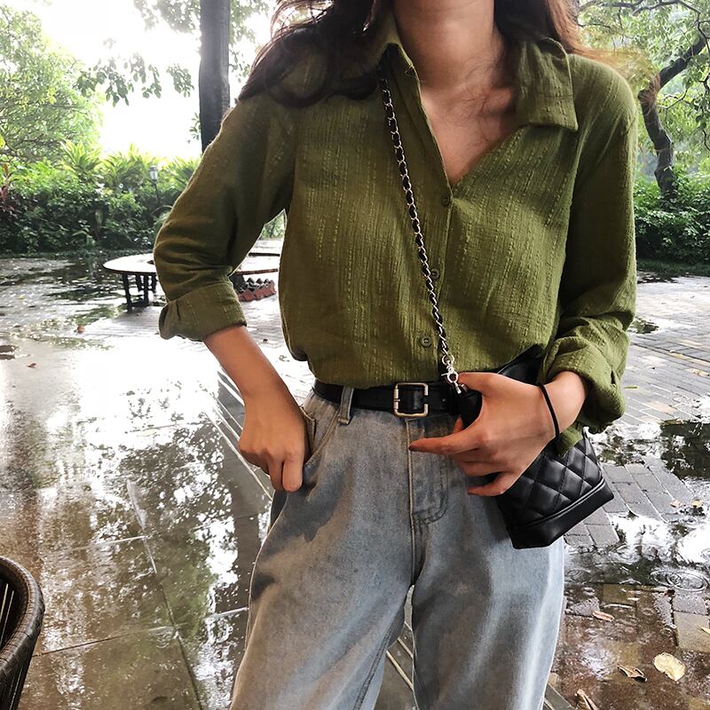 アボカドグリーンラペル長袖シャツレディース2020夏新作シンプル学生ルーズシャツトップトレンド YY-ファッション35377499496