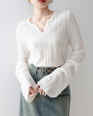 ベルスリーブキーネックリブニット A0948