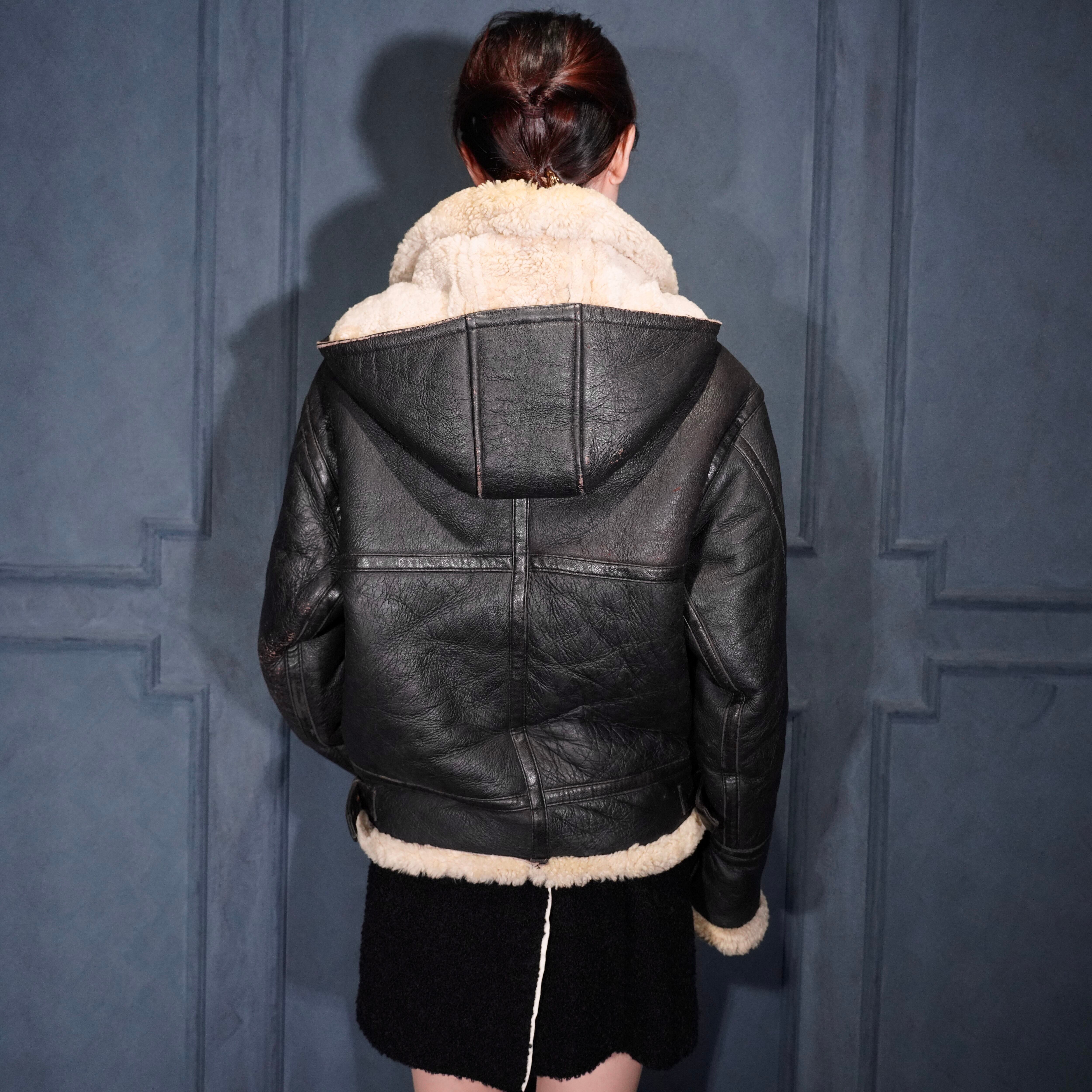 EU VINTAGE B-3 TYPE MOUTON LEATHER ZIP UP HOODIE BLOUSON