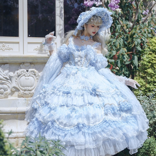 お茶会 イベント向け スイートロリィタ フリル ロング ドレス 淡色 ブルー ガーリー デザイン