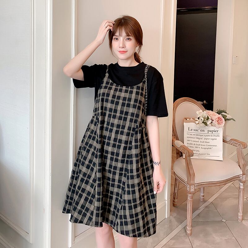 【新作】【送料無料】 マタニティウェア2020夏新バージョン妊娠中のツーピースTシャツ+コットンとリネンのチェック柄ミドル丈サスペンダースカート サマー 夏物 expec298285781995
