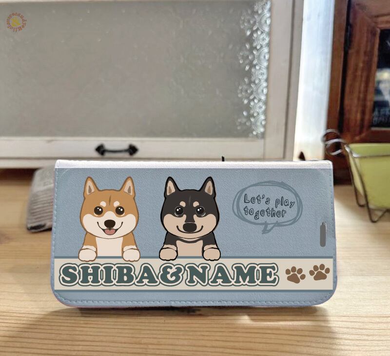 まっきーです 犬キャラクター付き手帳型ケース ネイビー・ベージュ 名入れ まっきー様専用です 犬キャラクター付き手帳型ケース ネイビー