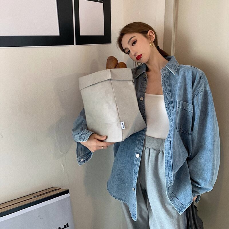 レトロな香港スタイルのルーズブルーデニムシャツレディース秋の長袖シャツジャケット2020新しいミドル丈トップ ブラックストロベリース80714407948