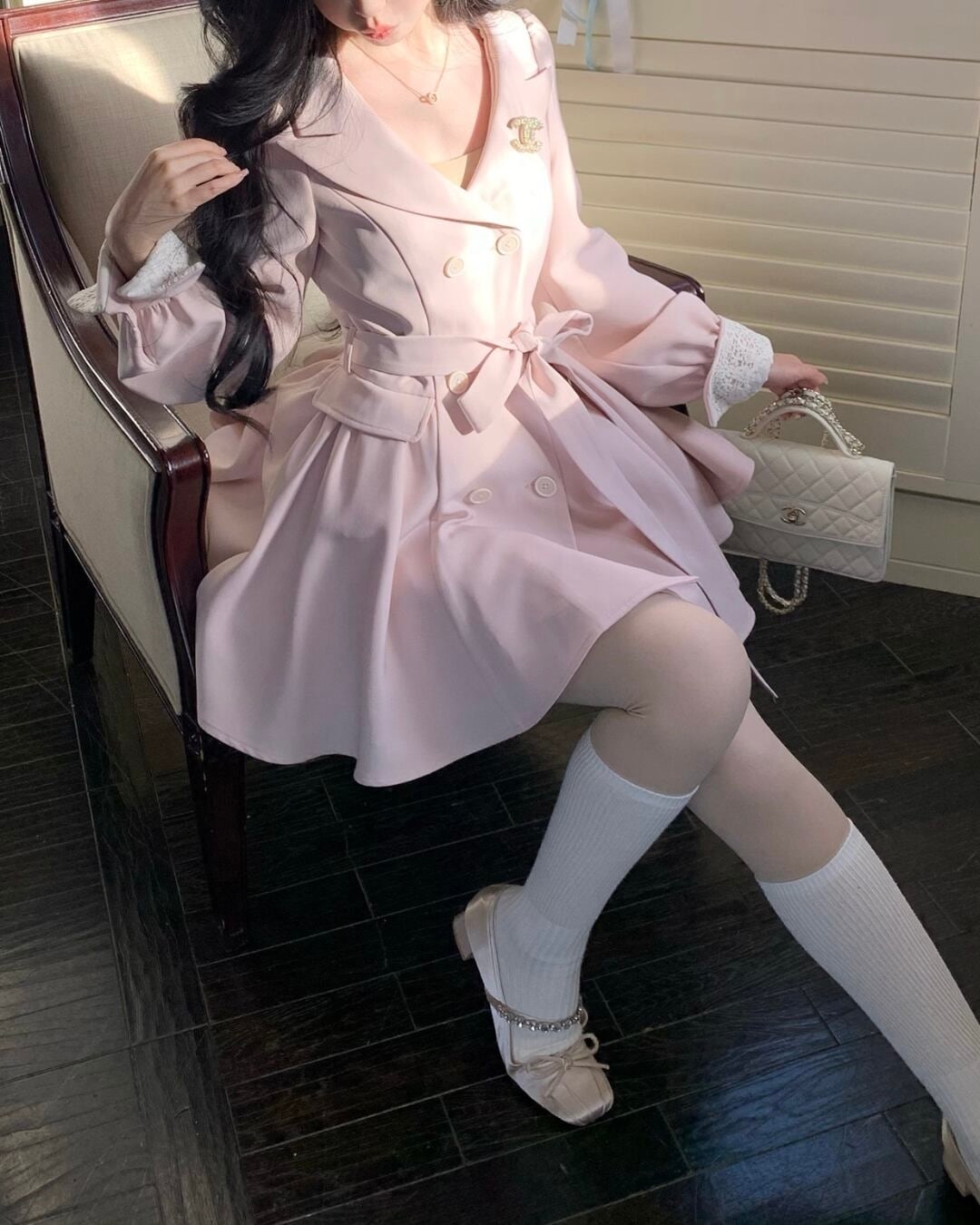 フレアピンクダブルブレストコート 25W08371