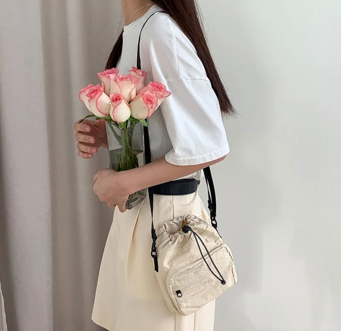 JUNE様専用】ナイロンオックスキルト巾着ショルダー グレー×ニーナ花柄  