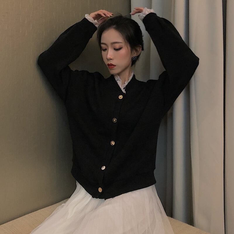 ニットカーディガンショートジャケット オータムブラックスタンダードスタイルトップス ロング レトロ 秋物 1号婦人88511532951