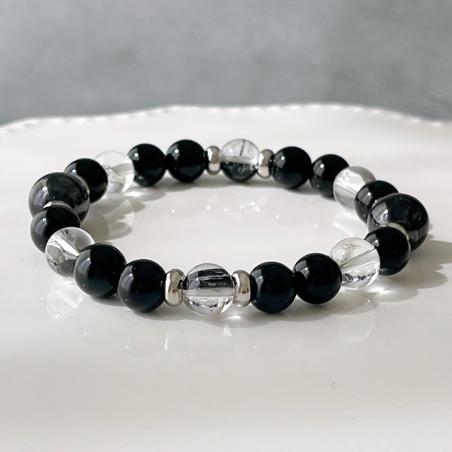 スギライト×モリオン8mm×トルマリネイテッドクォーツのお守りブレスレット✧数珠