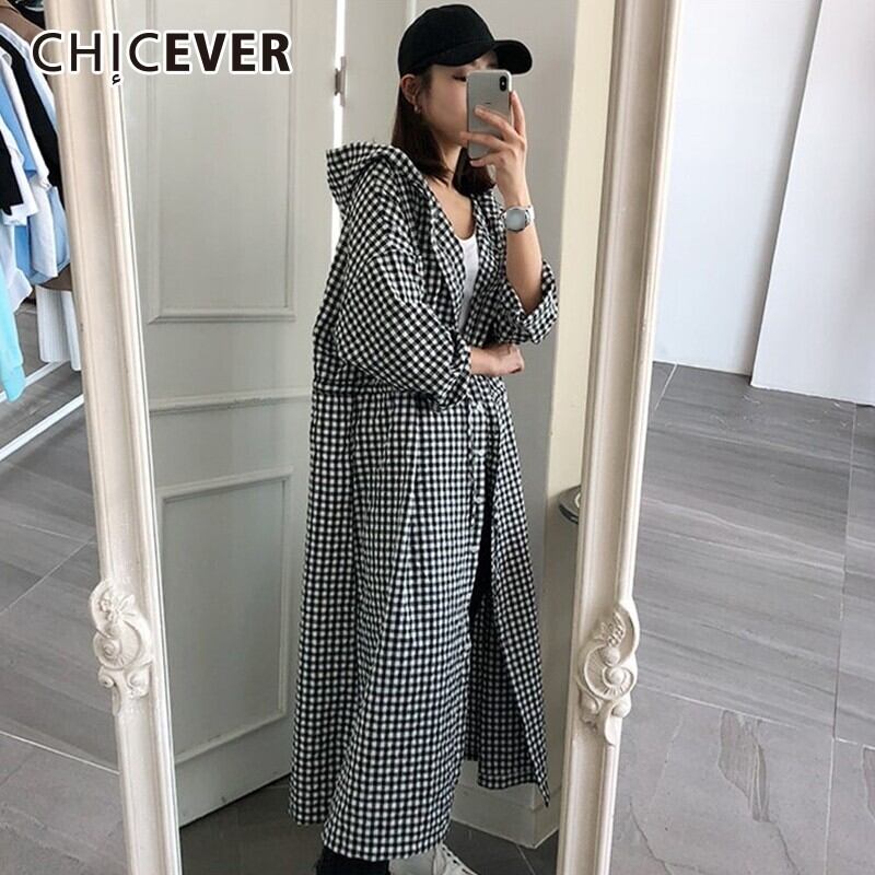 CHICEVERチェック柄レディースウインドブレーカーフード付きバットウィングスリーブシングルブレストルーズロングトレンチコート秋 オータム 秋物 6base587500155975