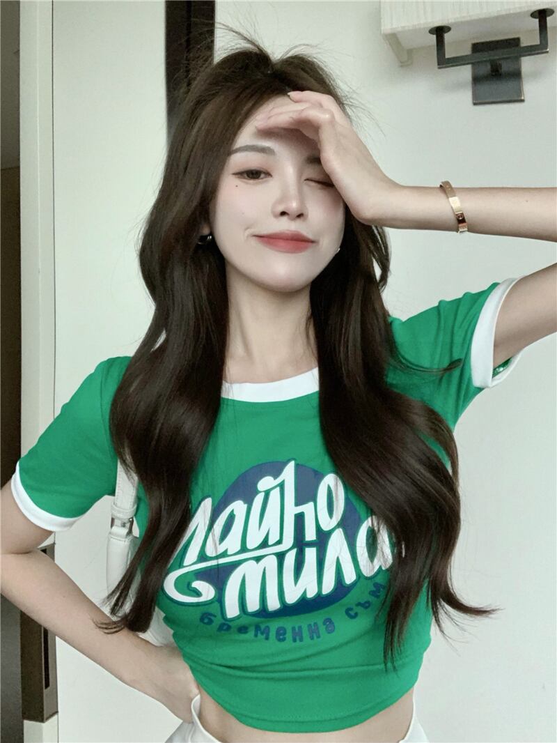 Tシャツ サマーショートスリムグリーントップス 大人ガーリー スウィート キュート カジュアル 夏物 ヨーロピアン ブラックストロベリース89120719642