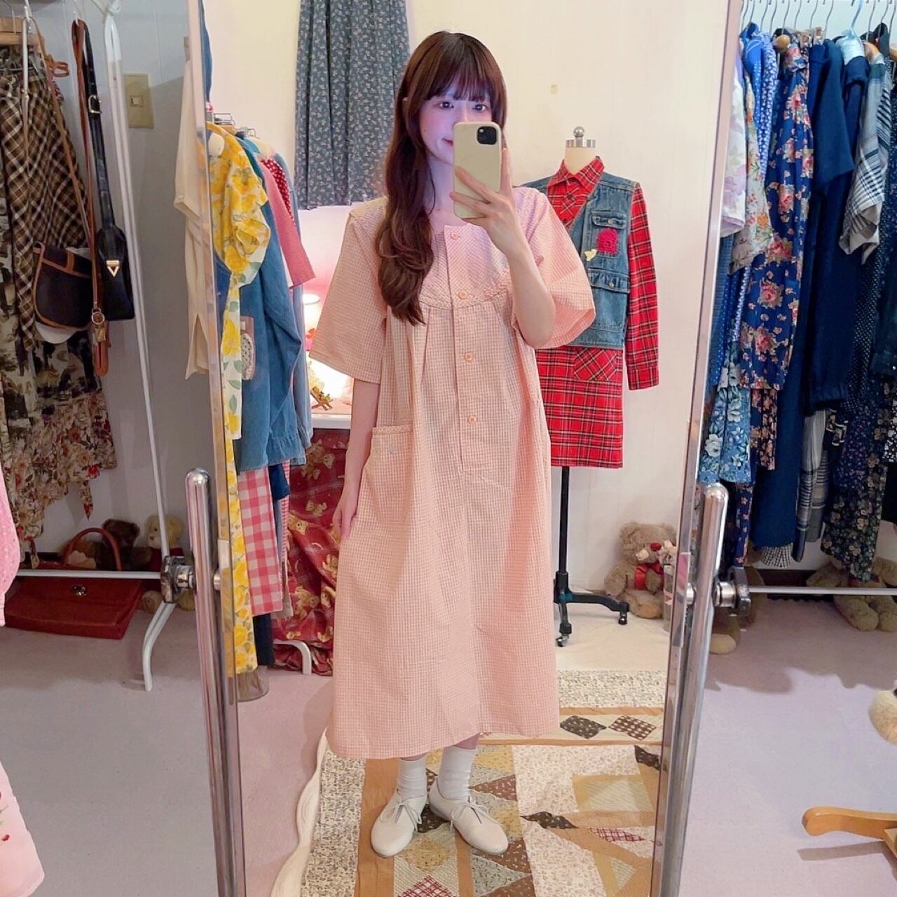 orange gingham check flower one-piece