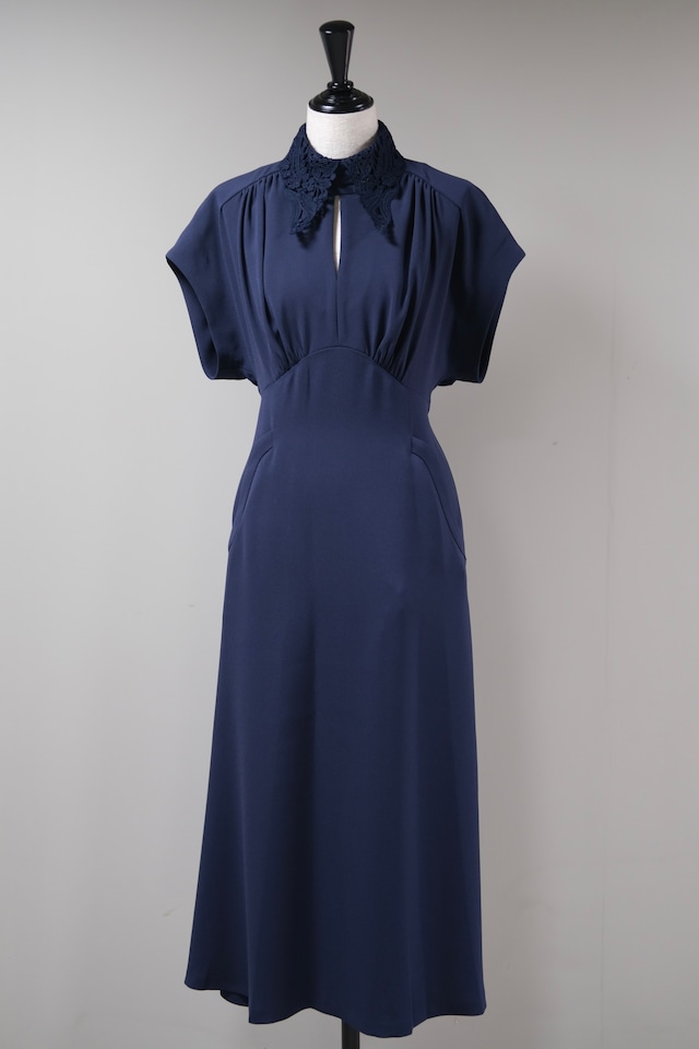 【Mame Kurogouchi】Back Satin Crepe Georgette Embroidered Collar Flared Dress - navy -