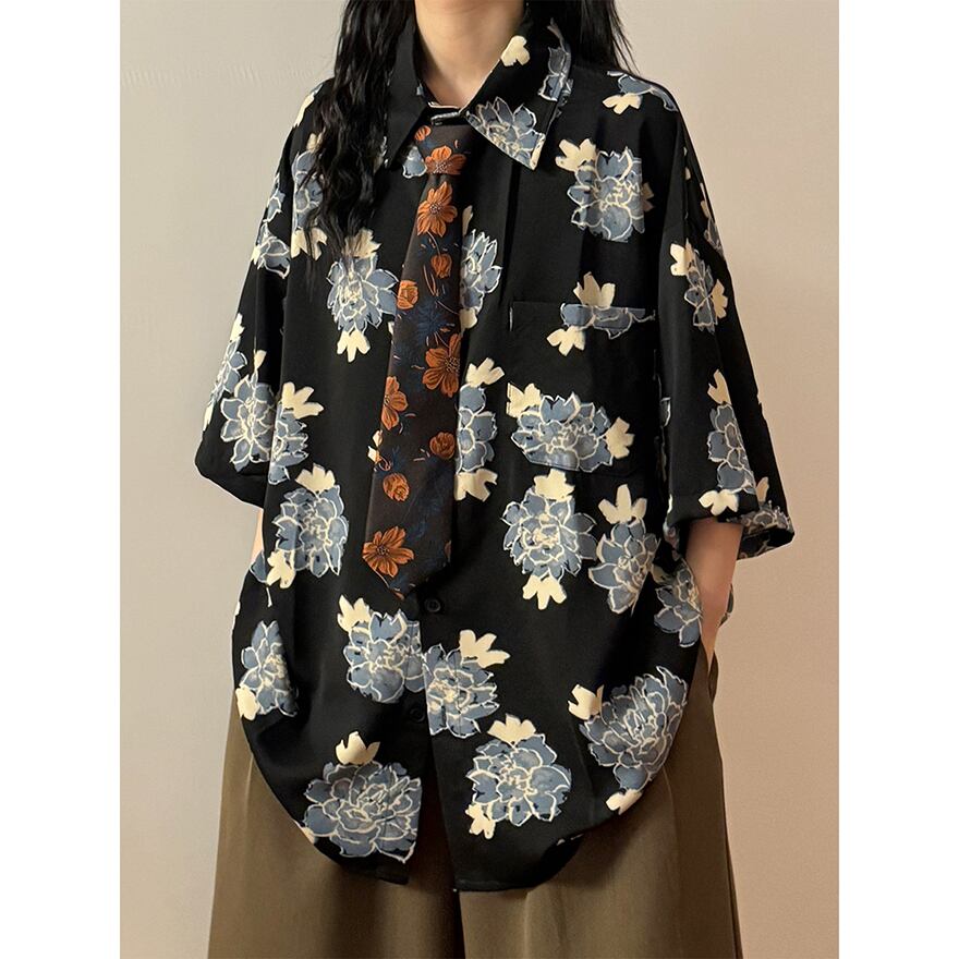 ゴスロリ通販 With U ゴスロリ系 地雷 アメカジ カジュアル 半袖 シャツ 花柄 ネクタイ無し ECOKSOLO 春夏服