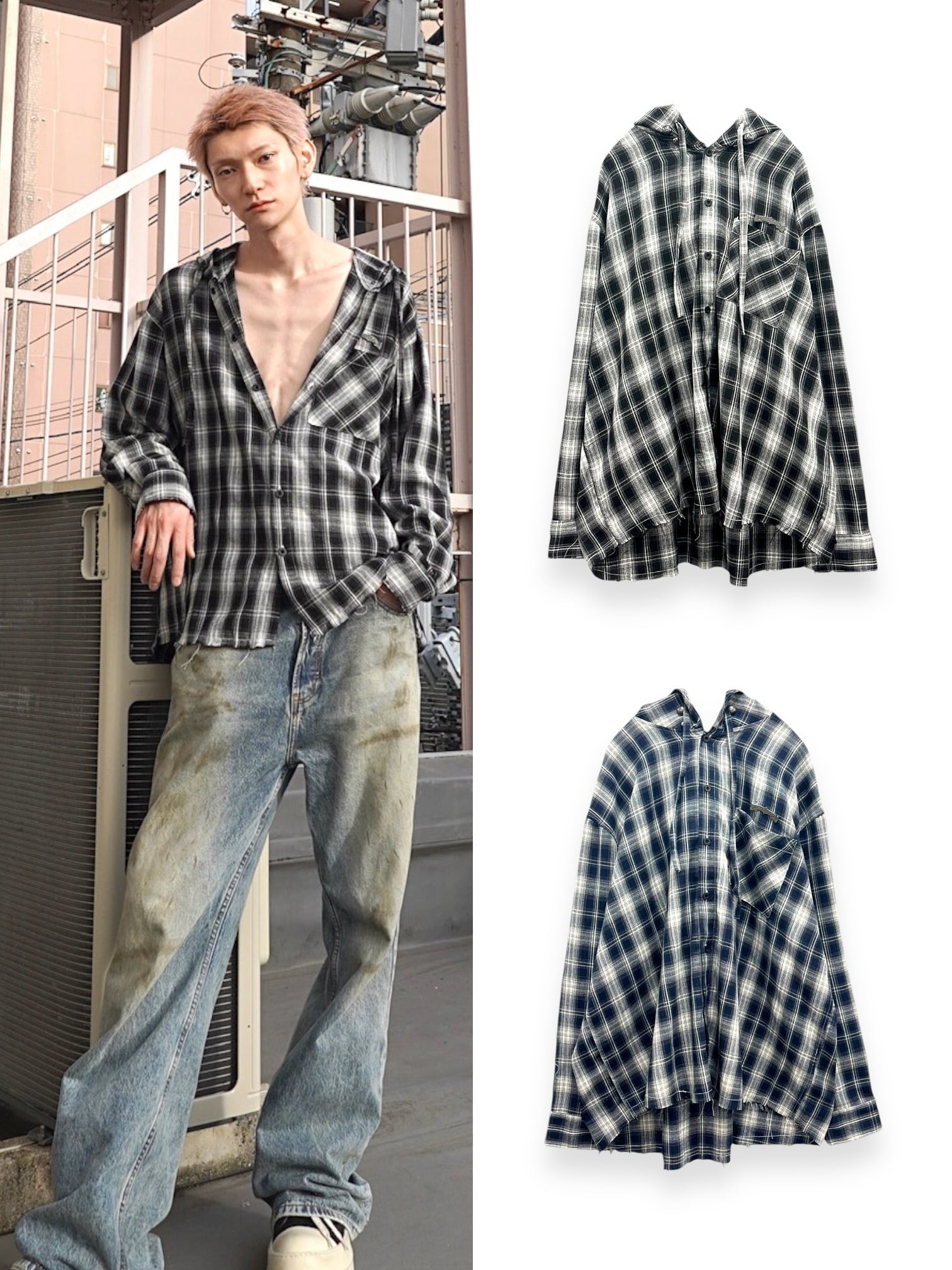 【LOVE KILLER】studs plate check hoodie shirt (2colors)