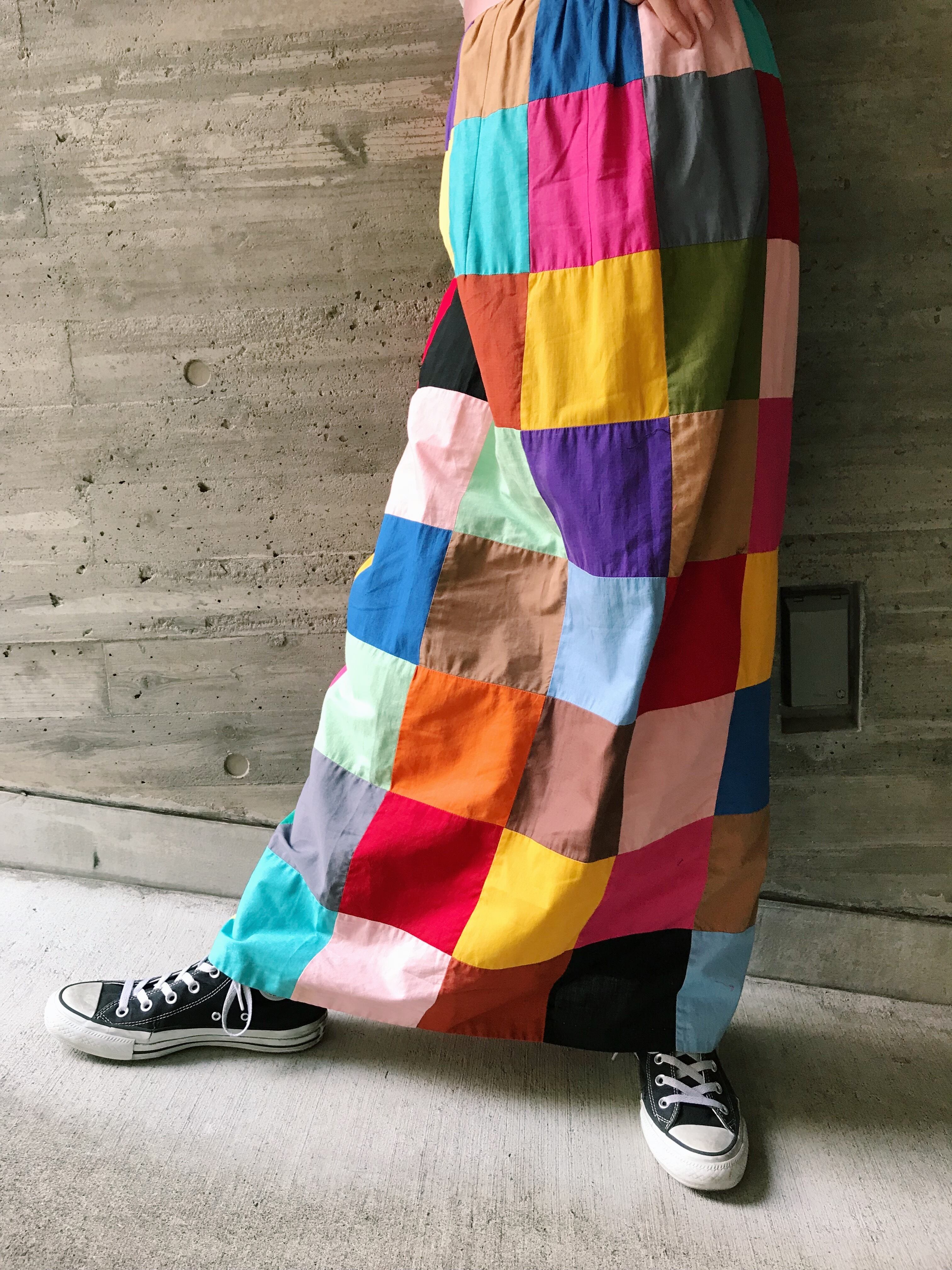 70s handmade multi color patchwork long cotton skirt ( ヴィンテージ ハンドメイド マルチカラー  パッチワーク コットン ロングスカート ) | Riyad vintage shop powered by BASE