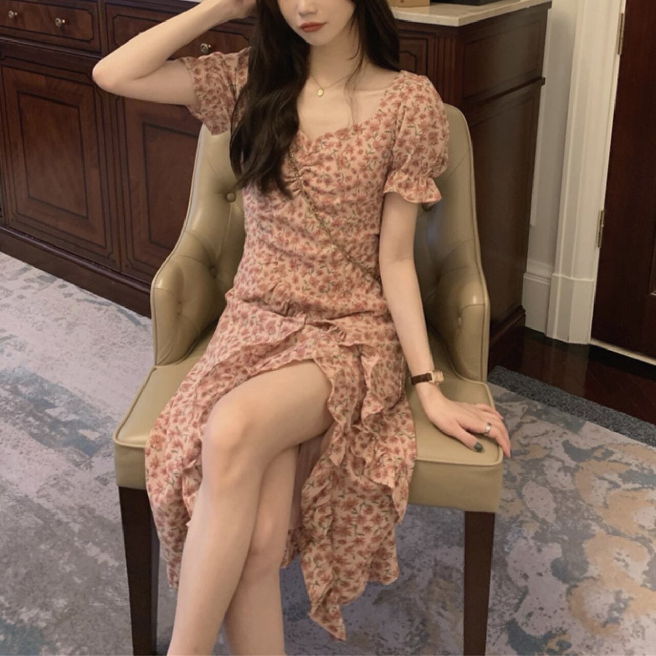 フローラルプリント フリルシフォンワンピース A4198