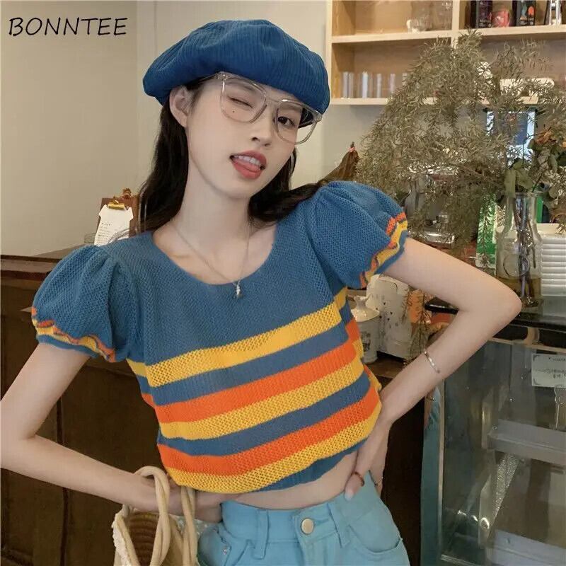 【新作】【送料無料】 パフスリーブ Tシャツ女性パネルストライプホットスウィートシックインヴィンテージ原宿韓国スタイルクロップトップスストリート夏のファッション 0292641420205