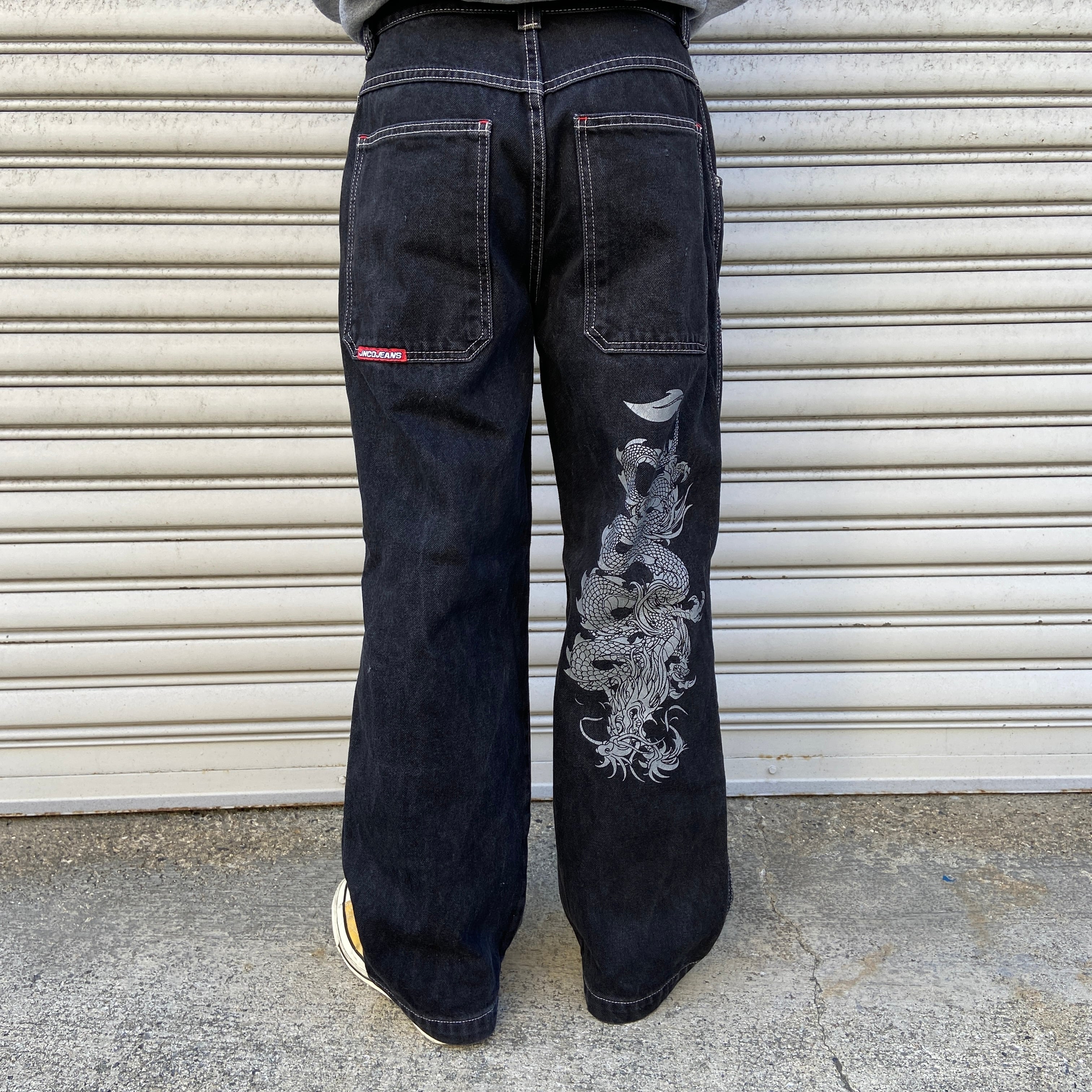 JNCOJEANS ブラックバギーパンツ デニムワイド ドラゴン 龍 S相当