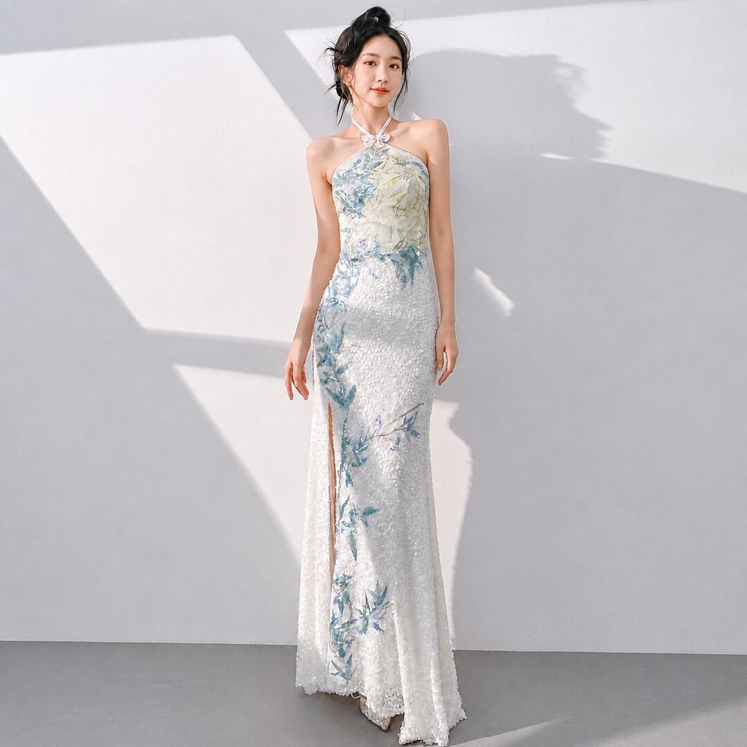 Sequin Decorated High Neck Slit Long Dress V3498