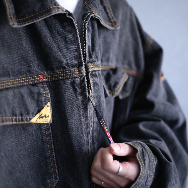yellow stitch and multi wappen over size box silhouette  zip-up black denim jacket