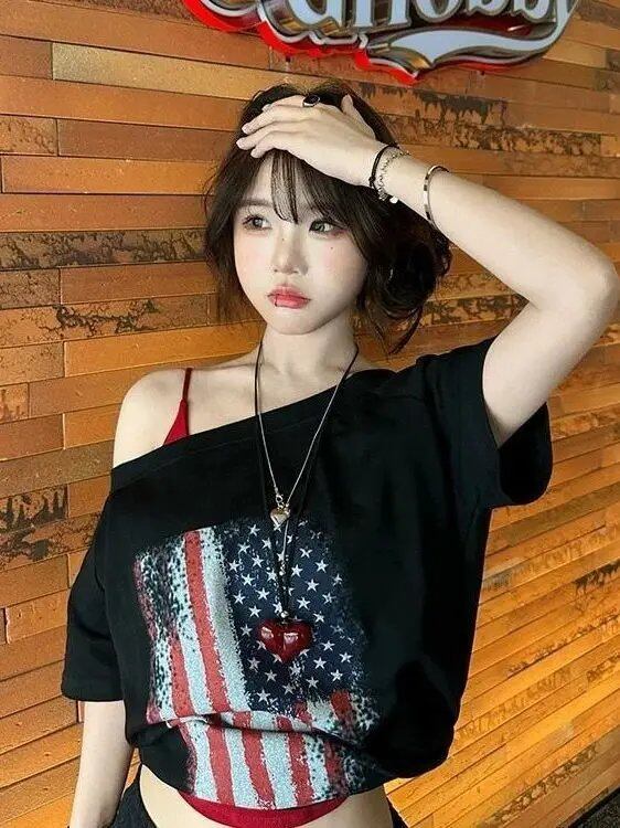 リラックスしたアメリカンホットガールフラッグプリントショルダーTシャツレディースルーズハーフスリーブ夏吸湿発散性ショート丈