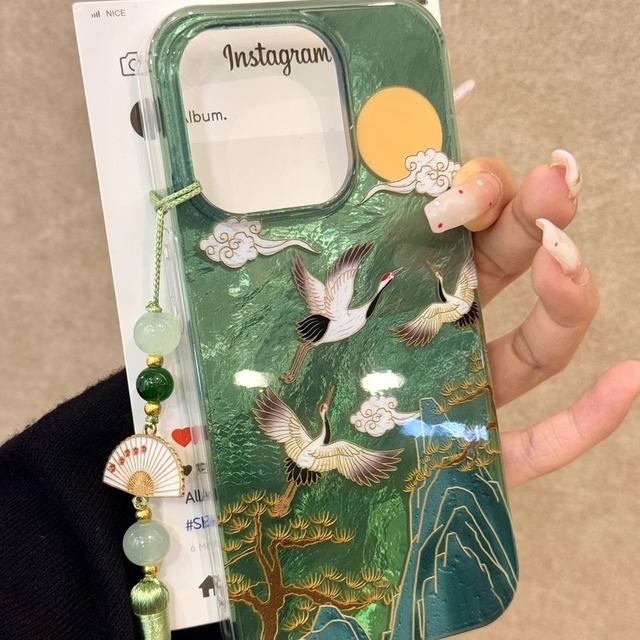 【MZGNシリーズ】★チャイナ風携帯ケース★ アイホン 緑 鶴 つる ツル iPhone16 iPhone15 iPhone14 iPhone13