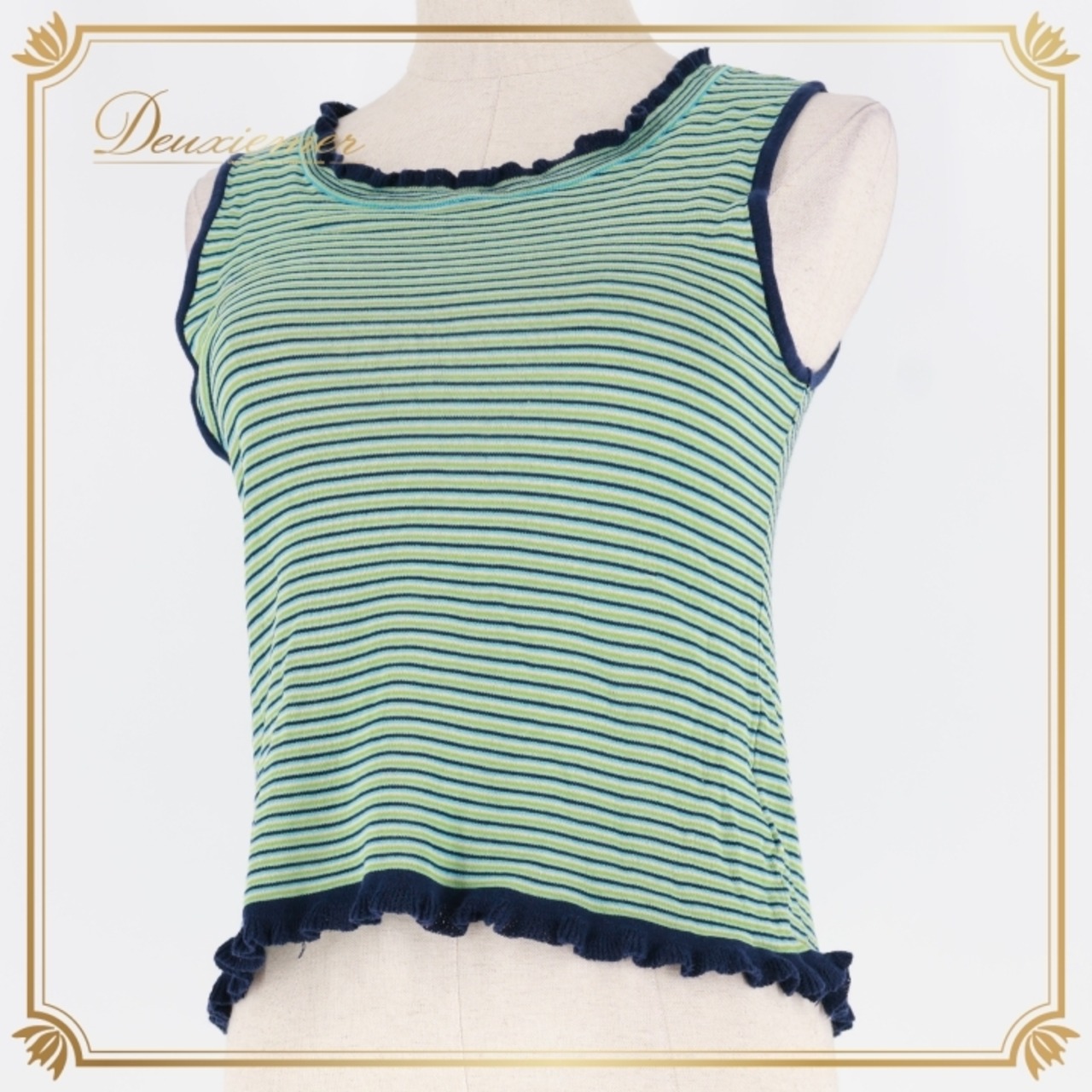レディース トクコプルミエヴォル TOKUKO 1er VOL トップス ブラウス グリーン系 ノースリーブ 袖なし ボーダー フリル 緑 青 紺 伸縮 ストレッチ カジュアル かわいい 爽やか 日本製 レディースファッション ネイビー系 ブルー系