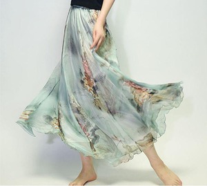 ★送料無料★13号（XL)☆花柄プリントシフォンフレア－ロングスカ－ト (SKN9589)