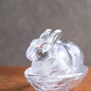 上質なウサギが見守る、ガラスの容器