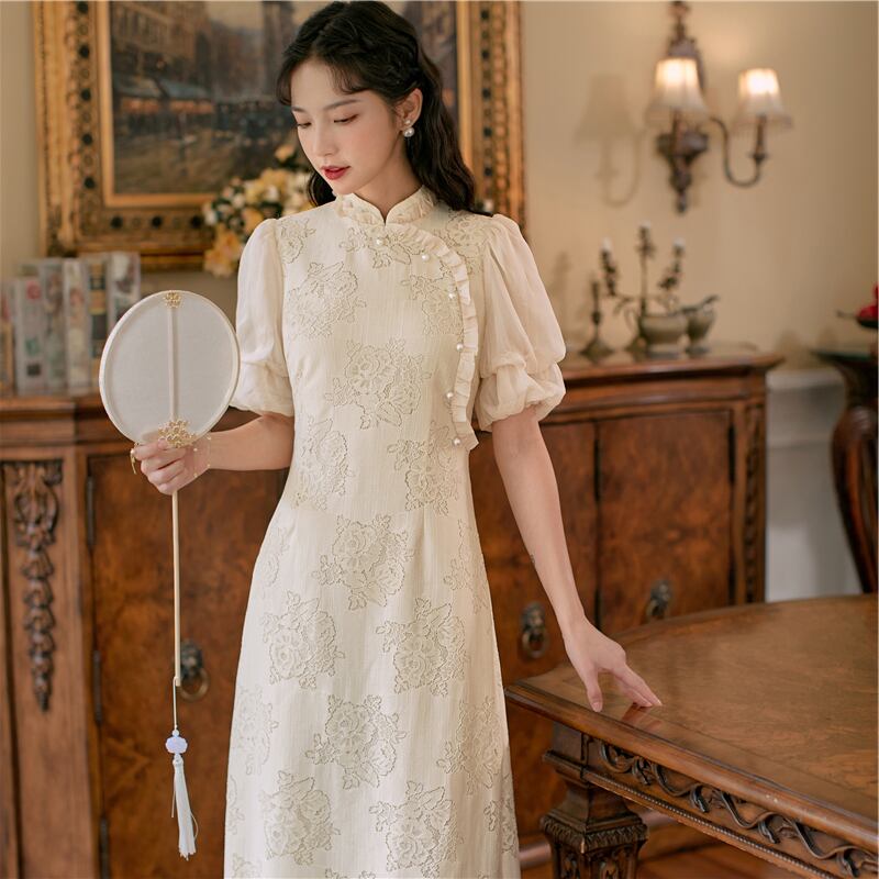 北岸の約シリーズ チャイナドレス チャイナ風ワンピース レース 結婚式 パーティー ベージュ Elegant